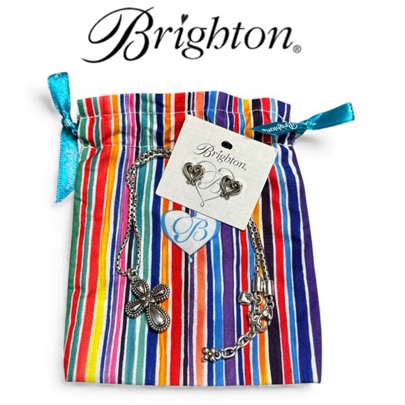 Brighton Jewelry - BRIGHTON RETIRED GRACE REVERSIBLE SILVER GOLD CROSS NECKLACE & GENOA EARRINGS